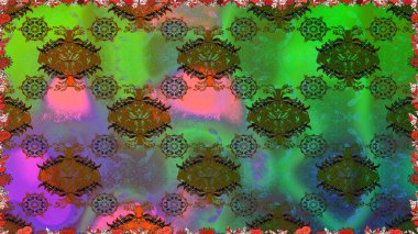 Yeşil renkte etnik çiçeklerle kusursuz bir desen. Asya Tekstil 'inde Raster Çiçek İllüstrasyonu.