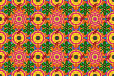 Sarı, turuncu ve yeşil renkli çiçekler. Renkli Bahar Temalı Kusursuz Arkaplan. Düz Çiçek Elementleri Tasarımı. Çiçekle kusursuz desen.