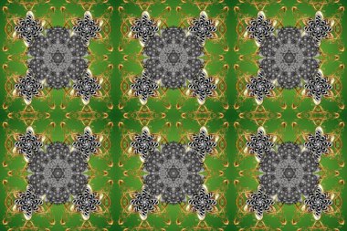 Yeşil, gri ve kahverengi renklerde altın elementlerle kusursuz desen. Geleneksel oryantasyon süsü. Klasik klasik klasik arka plan. Klasik raster altın pürüzsüz desen.