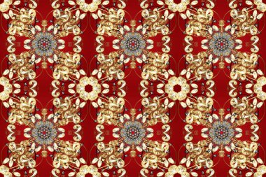 Kırmızı ve bej renklerde altın elementlerle kusursuz klasik desen. Kırmızı ve bej renklerde altın rengi ve altın elementler. Noel, kar tanesi, yeni yıl.