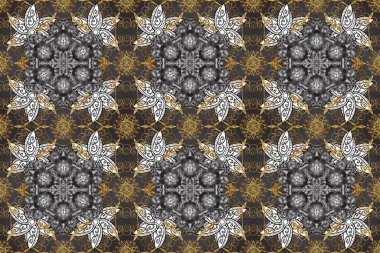 Gri, kahverengi ve bej renklerde, altın elementlerle kusursuz klasik desen. Noel, kar tanesi, yeni yıl. Gri, kahverengi ve bej renklerdeki altın pürüzsüz desen altın elementlerle.