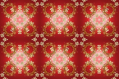 Raster illüstrasyonu. Kırmızı, kahverengi ve pembe renklerde Royal retro. Kusursuz desenli altın elementler. Kart, duvar kağıdı, ambalaj ve tekstil için klasik tasarım. Klasik çiçek dokusu. Altın şablon.