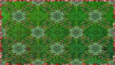 Raster Çiçek İllüstrasyonu güzel tekstil. Yeşil renkli etnik çiçeklerle kusursuz bir desen..