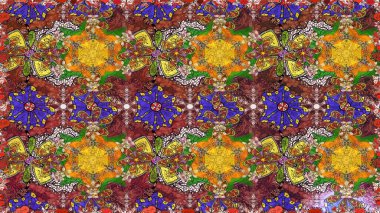 Çiçekli karalama şeklinde Raster çiçek deseni. Kahverengi, sarı ve yeşil renkli çiçekler. Nazik, narin çiçek arkaplanı.