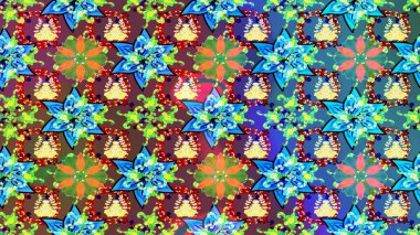 Şirin çiçekli eskiz deseni ve mavi renkli yapraklar, suluboya çiçek deseni, duvar kağıdı, kart veya kumaş için fayanslı. Raster illüstrasyonu.