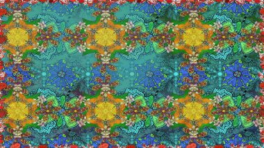 Mavi renkli Asya tekstili. Kusursuz çiçek deseni. Raster illüstrasyonu.