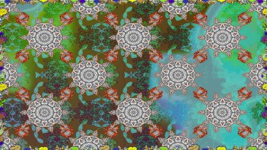Raster Güzel kumaş deseni. Raster suluboya deseni, narin çiçekler, yeşil çiçekler, tebrik kartı şablonu..