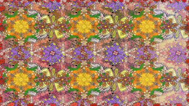 Parmak izi, kumaş, duvar kâğıdı, tekstil için raster dokusu. İşlemeli çiçekli, dikişsiz desen. Renkli grunge soyut arkaplanı colokahverengi çiçeklerle zenginleştirir.