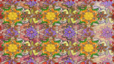 Parmak izi, kumaş, duvar kâğıdı, tekstil için raster dokusu. İşlemeli çiçekli, dikişsiz desen. Renkli grunge soyut arkaplanı colokahverengi çiçeklerle zenginleştirir.