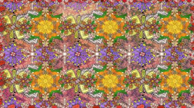 Raster illüstrasyonu. Eskiz tarzı kahverengi renklerde. Şirin karalama çiçekleri olan kusursuz çiçek desenleri. Raster illüstrasyonu. El yapımı çiçek ve bitki koleksiyonu.