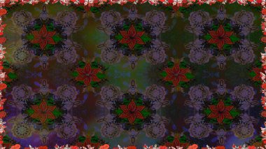 Şablon, pürüzsüz, çiçekli kenar. Kıvırcık, parlak örgü. Raster illüstrasyonu. Çiçek çelengi. Eski moda arka plan. Güzel, pürüzsüz kumaş, tuval..