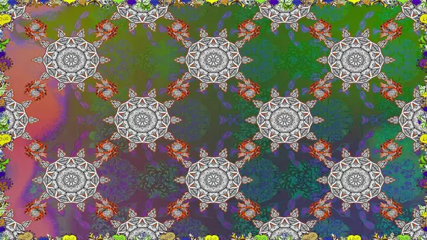 Düz Çiçek Elementleri Tasarımı. Renkli Bahar Temalı Kusursuz Arkaplan. Yeşil renkli şirin çiçek deseni. Raster Modaya uygun kumaş deseni.