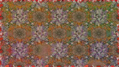 Retro tekstil tasarım koleksiyonu. Çiçekli ipek eşarp. Kahverengi üzerine kahverengi. El çizimi çiçek unsurları olan soyut, dikişsiz raster deseni. 1950 'ler-1960' lar motifleri.