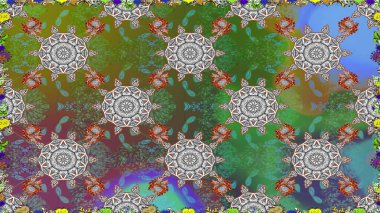 Raster Çiçek İllüstrasyonu güzel tekstil. Yeşil renkli etnik çiçeklerle kusursuz bir desen..