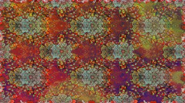 Renkli şal desenli, kahverengi çiçekli ve dekoratif elementli kusursuz desen. Raster illüstrasyonu. Kusursuz bir geçmişi var. Kumaş, tekstil, duvar kağıdı baskısı için. Antika retro tarzı.