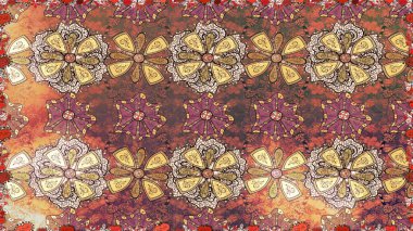 Tekstil, kumaş, ambalaj, hatıra defteri için hoş bir çiçek arkaplanı. El çizimi çiçekli, pürüzsüz bir desen. Kahverengi arka planda. Çocuksu tasarım.