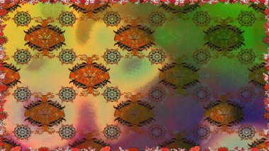 Güzel, parlak, pürüzsüz kumaş, tuval. Şablon, pürüzsüz, çiçekli kenar. Eski moda arka plan. Raster illüstrasyonu. Çiçek çelengi. Kıvırcık, parlak örgü.