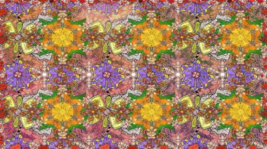 Raster illüstrasyonu. Eskiz tarzı kahverengi renklerde. Şirin karalama çiçekleri olan kusursuz çiçek desenleri. Raster illüstrasyonu. El yapımı çiçek ve bitki koleksiyonu.