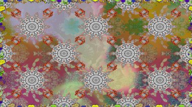 Düz Çiçek Elementleri Tasarımı. Süslü kumaş deseni. Renkli Bahar Temalı Kusursuz Arkaplan. Raster illüstrasyonunda kusursuz çiçek deseni.