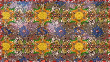 Asya tekstil tarzında. Kusursuz çiçek deseni. Raster illüstrasyonu. Raster illüstrasyonu. Kahverengi, bej ve yeşil renkte çiçekler.