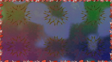 Çiçeksiz desenli, suluboya elle çizilmiş elementler. Parlak renkli fantezi çiçekleri, yapraklar, kahverengi renkli tomurcuklar, kahverengi.