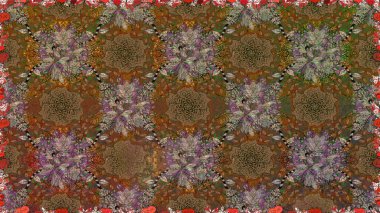 Çiçekli, pürüzsüz bir desen. Kahverengi renklerde bahar çiçekleri. Raster çiçekleri klasik tarzda çizilmiş. Raster illüstrasyonu.