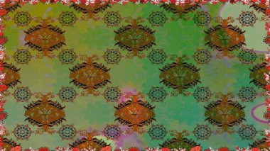 Eski moda arka plan. Güzel, parlak, pürüzsüz kumaş, tuval. Şablon, pürüzsüz, çiçekli kenar. Çiçek çelengi. Raster illüstrasyonu. Kıvırcık, parlak örgü.