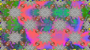 Renkli Yaz Temalı Kusursuz Arkaplan. Düz Çiçek Elementleri Tasarımı. Raster illüstrasyonunda kusursuz çiçek deseni. Gri renkli çiçekler.