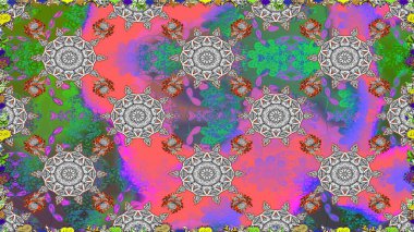 Renkli Yaz Temalı Kusursuz Arkaplan. Düz Çiçek Elementleri Tasarımı. Raster illüstrasyonunda kusursuz çiçek deseni. Gri renkli çiçekler.