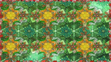 Yeşil, kahverengi ve sarı renkli çiçekler. Çiçekli, suluboya desenli kusursuz çiçek deseni. Düz Çiçek Elementleri Tasarımı. Raster illüstrasyonu. Renkli Bahar Teması Kusursuz Arkaplan.