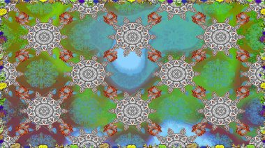 Klasik çiçekler. Yaz çiçekleri teması. El çizimi, soyut ve süslü elementler. Yeşil renkler. Suluboya resim taklit Raster illüstrasyonu.