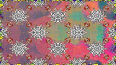 Çok renkli, zarif küçük çiçekler ve gri renkli komik böcekler, raster desen, illüstrasyon.