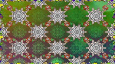 Renkli Yaz Temalı Kusursuz Arkaplan. Çiçekli kusursuz retro desen. Yeşil renkli çiçekler. Düz Çiçek Elementleri Tasarımı.