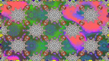 Raster illüstrasyonu. Renkli desenli, yeşil çiçekli ve dekoratif elementli kusursuz desen. Eski usul. Kumaş, tekstil, duvar kağıdı baskısı için. Kusursuz arkaplan.