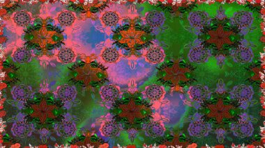 Kusursuz bir geçmişi var. Renkli desenli, yeşil çiçekli ve dekoratif elementli kusursuz desen. Eski usul. Raster illüstrasyonu. Kumaş, tekstil ve duvar kağıdı baskısı için..