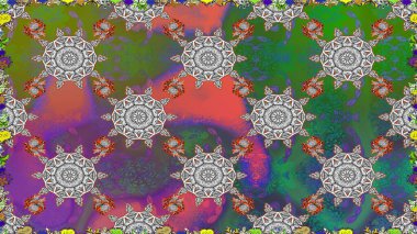 Çiçekli ipek eşarp. Retro tekstil tasarım koleksiyonu. Yeşil yeşile. El çizimi çiçek unsurları olan soyut, dikişsiz raster deseni. 1950 'ler-1960' lar motifleri.