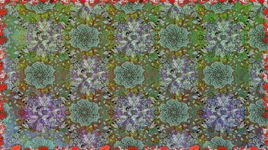 Raster illüstrasyonu. Yeşil renkli Asya tekstili. Çiçeklerle suluboya desenleri.