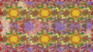 Raster deseni. Bahar çiçekleriyle desen dalla, kahverengi renklerle çiçek siluetiyle.