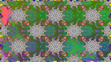 Modern gelişim yeşil raster arka plan duvar kâğıdı illüstrasyonu klasik çizgili, desenli desenli çiçekler, çiçekli süsler. Çiçekli el, pürüzsüz desen..