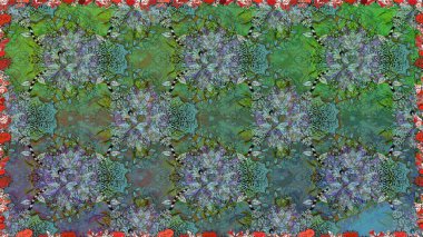 Çiçek tasarımı için inanılmaz bir kolaj cenneti tarzı. Çiçekli zambaklar kusursuz bir arka plan. Parlak çiçekli kolaj çiçekleri yeşil.