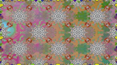 Şablon, pürüzsüz, çiçekli kenar. Çiçek çelengi. Eski moda arka plan. Güzel, parlak, pürüzsüz kumaş, tuval. Raster illüstrasyonu. Kıvırcık, parlak örgü.