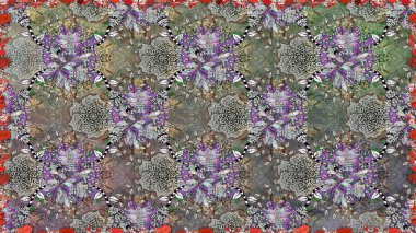 Renkli Bahar Temalı Kusursuz Arkaplan. Gri renkli çiçekler. Düz Çiçek Elementleri Tasarım Raster illüstrasyonu. Çiçeksiz desenli arka plan.