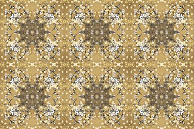 Senin tasarımın için, duvar kağıdı. Raster geometrik arka plan. Bej, nötr ve kahverengi renklerde altın çiçekli altın desenler. Altın rengi kusursuz illüstrasyon.