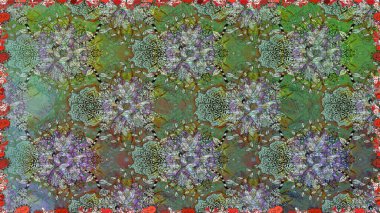 Ağaç dallı bahar çiçekleri ile desen, çiçek siluetiyle yeşil renkler. Raster deseni.