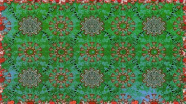 Yeşil renkte etnik çiçeklerle kusursuz bir desen. Asya Tekstil 'inde Raster Çiçek İllüstrasyonu.