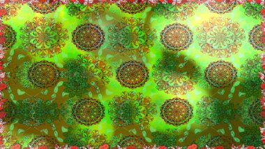 Raster illüstrasyonu. Yaprak ve çiçeklerin suluboya resimleri, yeşil renklerde kusursuz desenler. Yumuşak, yeşil renkte bahar çiçekleri.