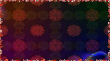 Raster illüstrasyonu. Renkli şal desenli, kahverengi çiçekli ve dekoratif elementli kusursuz desen. Kumaş, tekstil, duvar kağıdı baskısı için. Kusursuz bir geçmişi var. Antika retro tarzı.