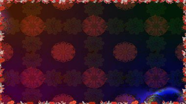 Raster illüstrasyonu. Renkli şal desenli, kahverengi çiçekli ve dekoratif elementli kusursuz desen. Kumaş, tekstil, duvar kağıdı baskısı için. Kusursuz bir geçmişi var. Antika retro tarzı.