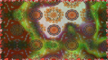 Çiçeksel elementlerle süslenmiş zarif raster dokusu. Kahverengi renkler ve parlak çiçekler üzerinde soyut, pürüzsüz desen. Küçük çiçekte şirin bir çiçek deseni var..