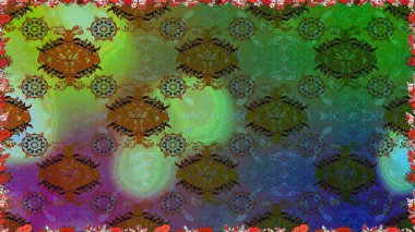 Raster Çiçek İllüstrasyonu 'nun şirin tekstili. Yeşil renkli etnik çiçeklerle kusursuz bir desen..